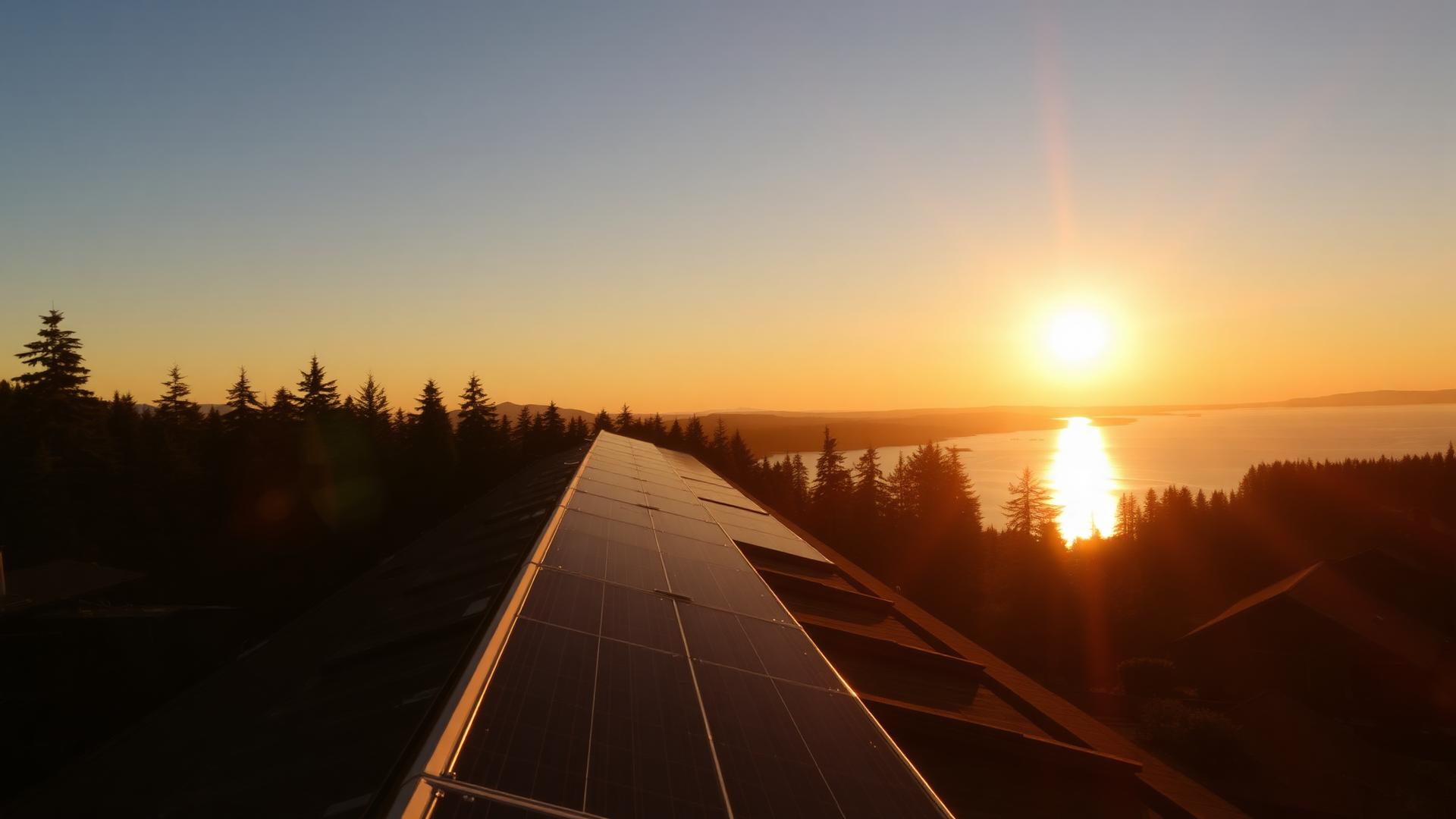 Rooftop solar panels catching the last of the sunset above a treeline